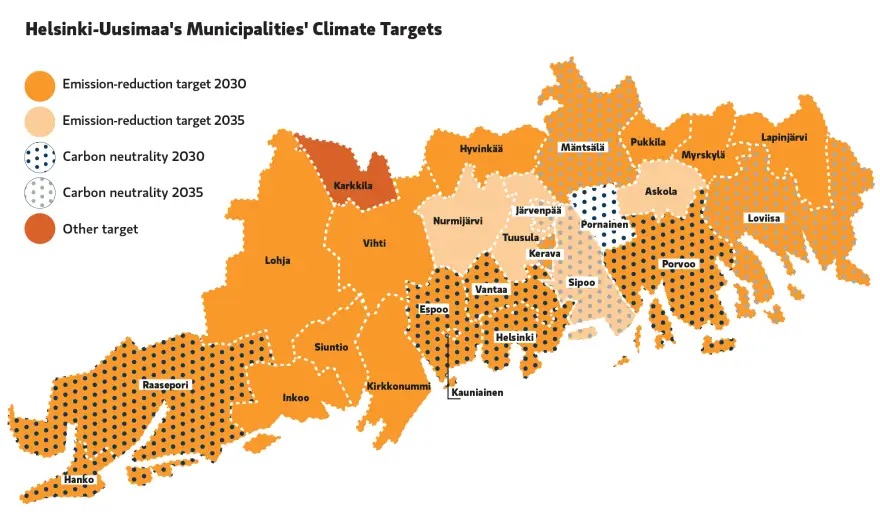 Illustrated map of the Helsinki-Uusimaa Region. The map presents municipalities' climate targets with colors and rasters. Most of the municipalities have a emission-reduction target until 2030.