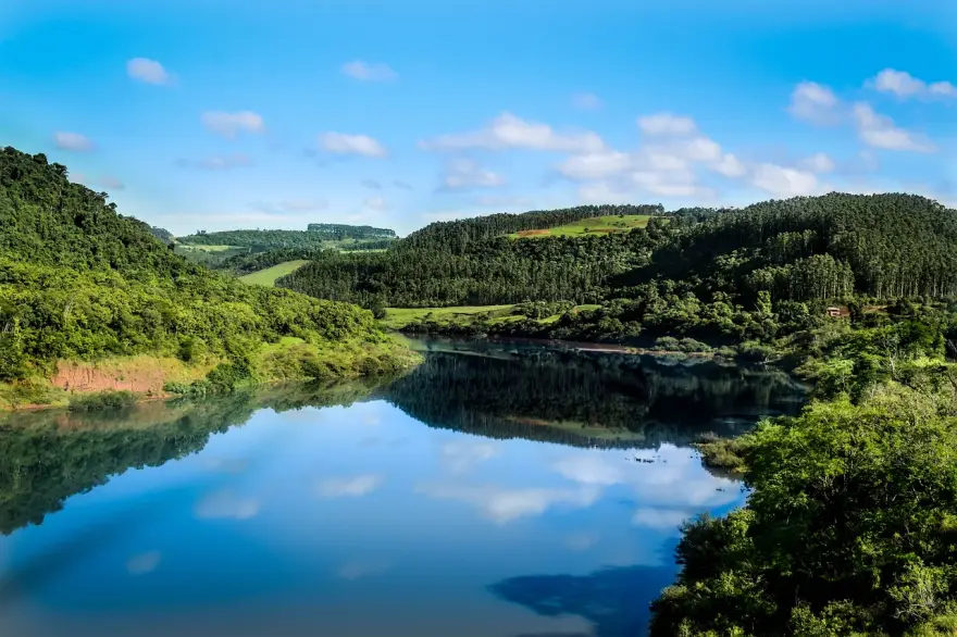 The illustration depicts a beautiful Uruguayan landscape: a river flows between green, forested hills.