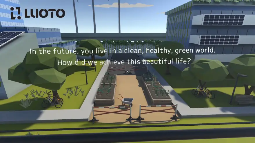 The image shows a screen from the game Climate Connected: Outbreak, featuring a green cityscape with edible plantings and the text: “In the future, you live in a clean, healthy, green world. How did we achieve this beautiful life?”