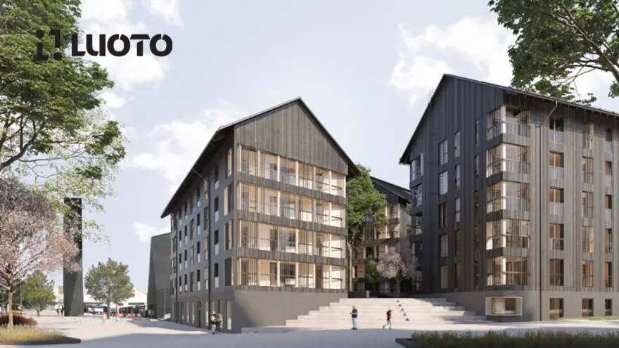 Havainnekuvassa on Collaboratorion suunnittelema massiivirakenteinen puukerrostalokortteli Kuokkalan Kalon, joka valmistui Jyväskylään loppuvuodesta 2024. Kuva: Collaboratorio