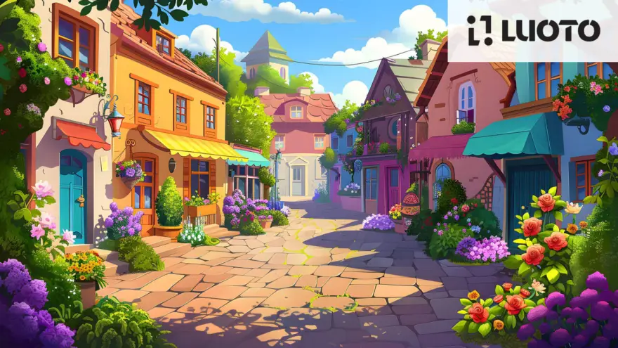An animated image shows a colorful and lush street decorated with flower beds in a historic small town.